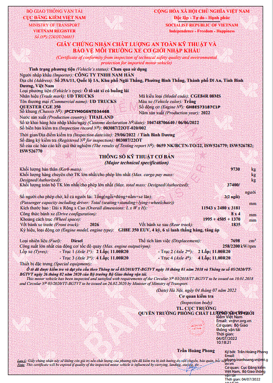 Giấy nhập khẩu xe 4 chân UD Quester 350hp WB6500